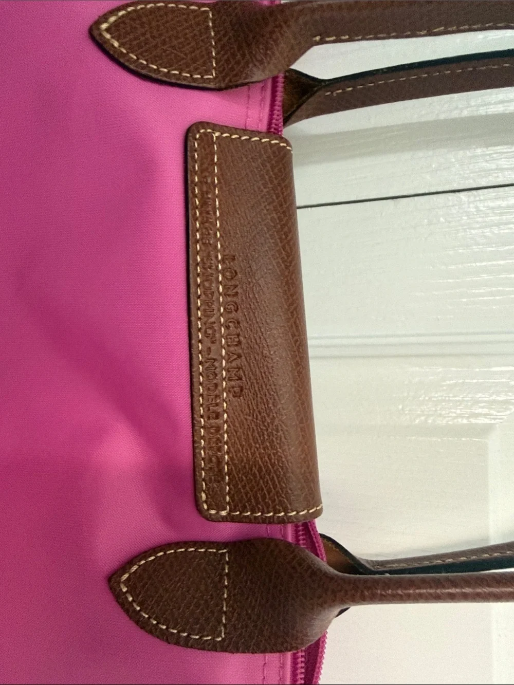 Longchamp Pink Tote with Brown Leather Trim